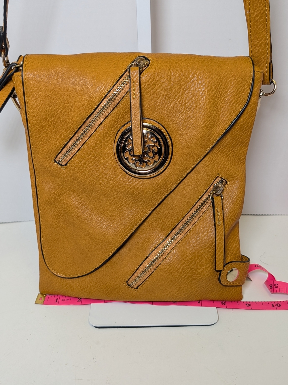 Mustard Yellow Crossbody Bag with Decorative Gold Accent